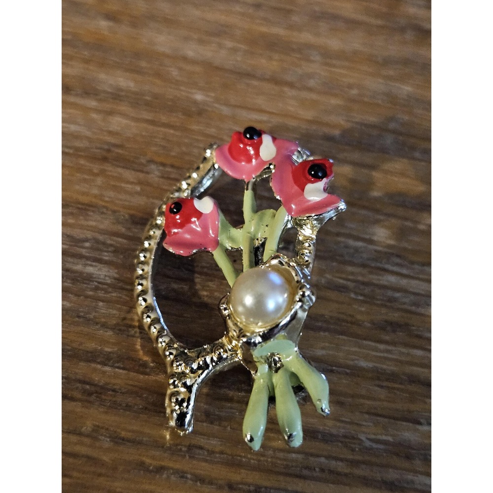 Vintage Enamel Flower Brooch Pink Red Floral Faux Pearl Silver Tone Bouquet Pin